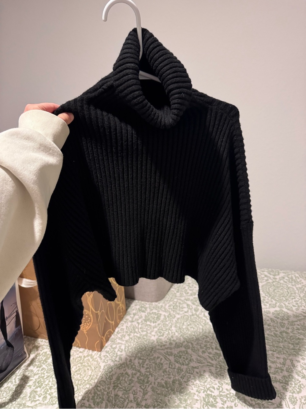 Black Ribbed Cropped Turtleneck Sweater - Women